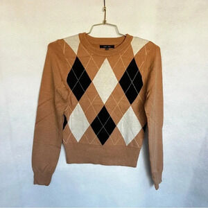 Argyle Pattern Crewneck Sweater Long Sleeve Khaki Brown Multicolor Long Sleeve